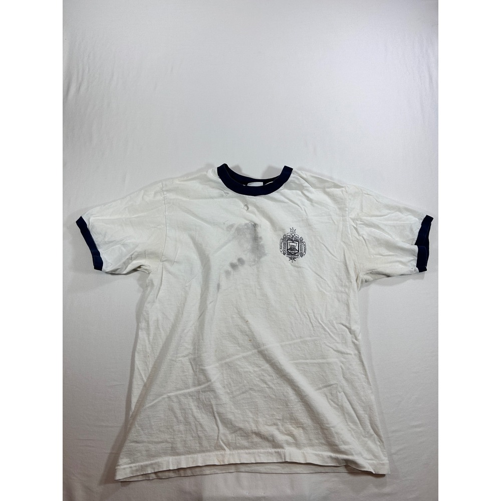 Vintage US Naval Academy Ringer T-Shirt White Navy Blue Made in USA Distressed